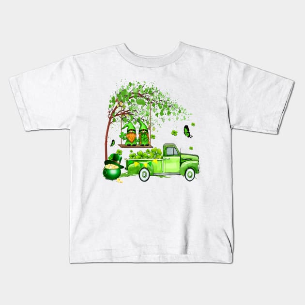 Green Gnomes Truck Shamrock Happy Saint Patricks Day Kids T-Shirt by artbyhintze